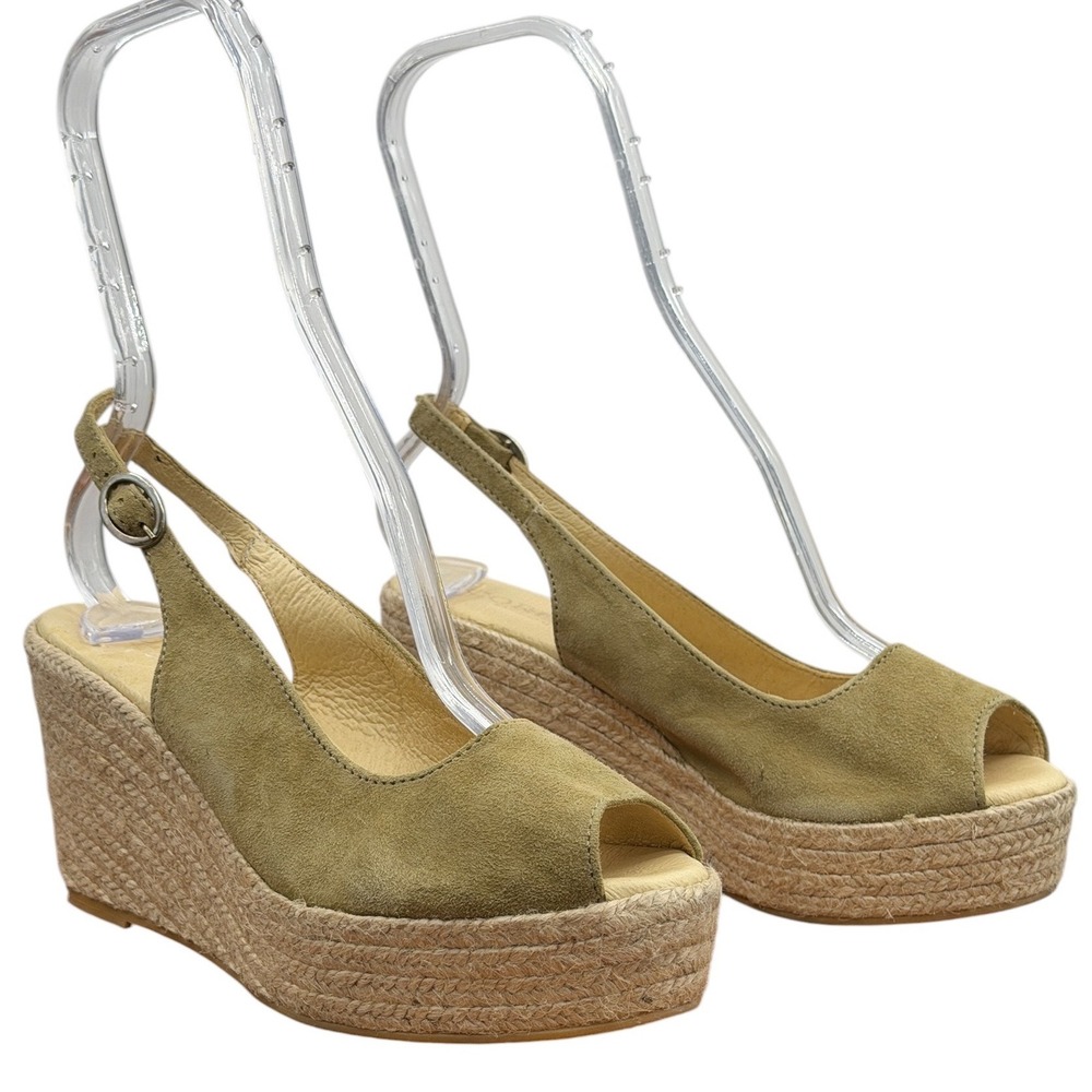 Cordani Evan Espadrille Wedge Sandal Women SZ 38 Green Boho Suede Slingback Soft